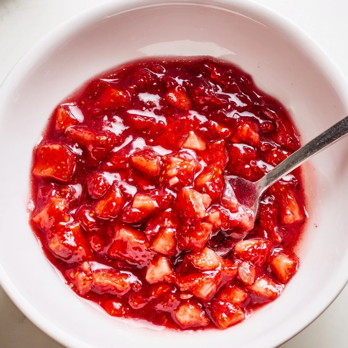 Strawberry Cake Filling Recipe glistening, chunky fresh berries, spooned over vanilla layer