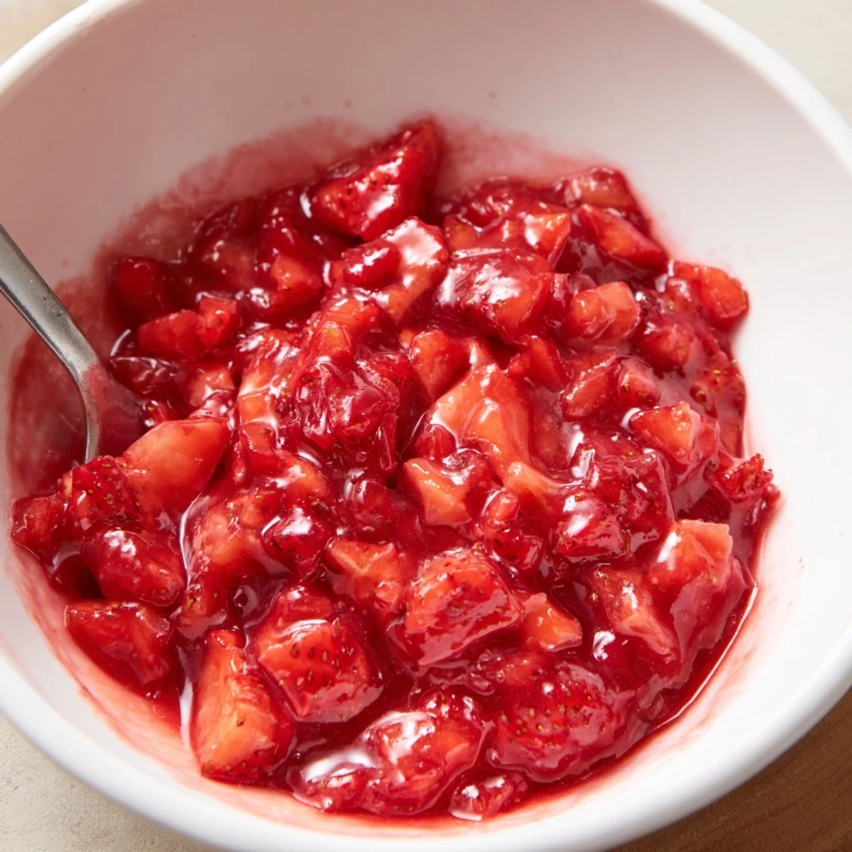 Warm Strawberry Cake Filling Recipe bubbling in saucepan, thick and glossy