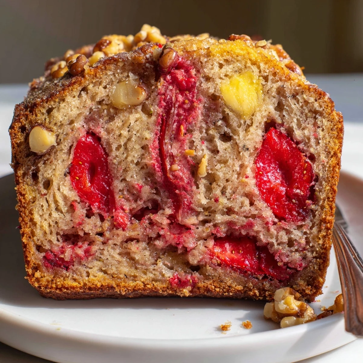 Warm Strawberry Banana Bread recipe sliced, bursting with soft fruity crumbs.