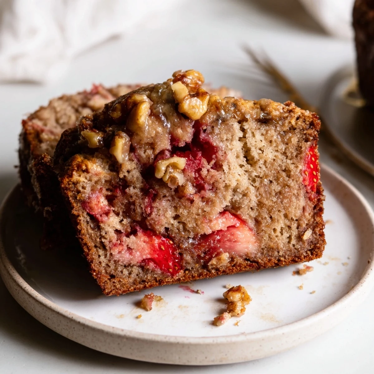 Fresh baked Strawberry Banana Bread recipe cooling on wire rack, butter melting.