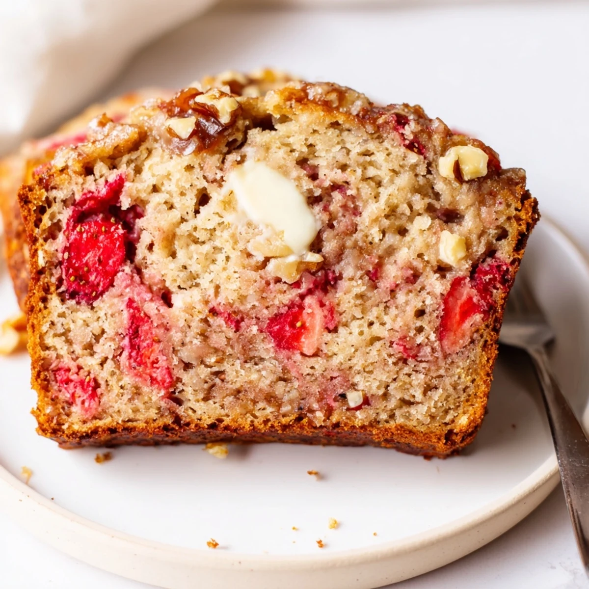 Moist Strawberry Banana Bread recipe studded with diced strawberries, ideal breakfast slices.