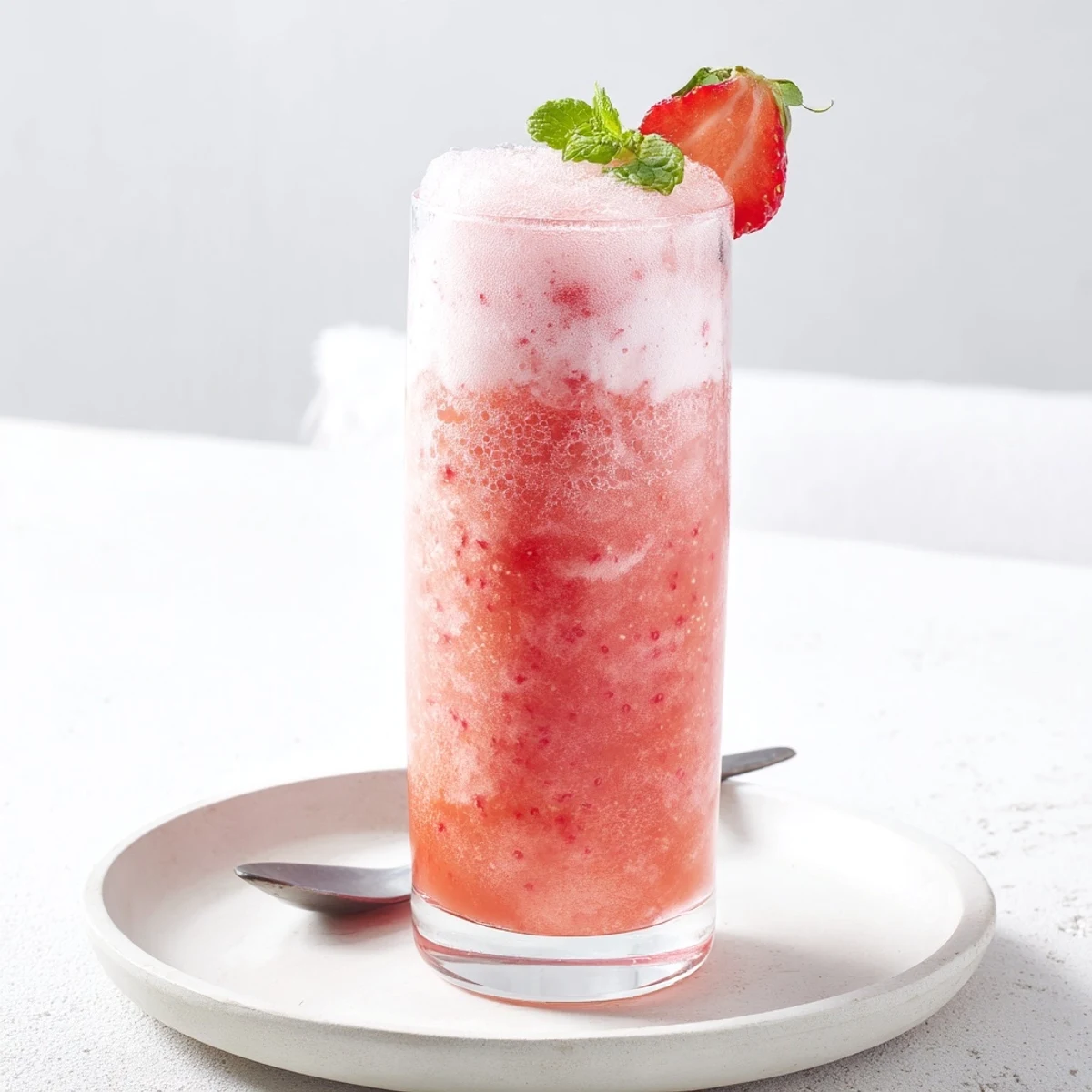 Frothy chilled Strawberry Coconut Cooler Recipe with mint garnish, bright strawberry aroma.