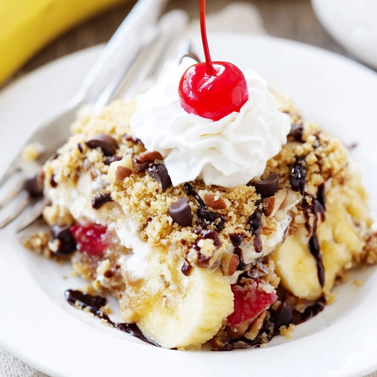 Banana Split Dump Cake with golden bubbling edges, cherry garnish and melted chocolate