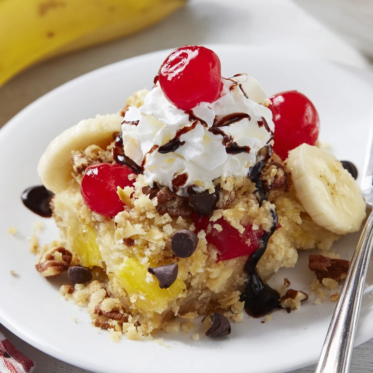 Fresh from oven Banana Split Dump Cake topped with whipped cream and cherries