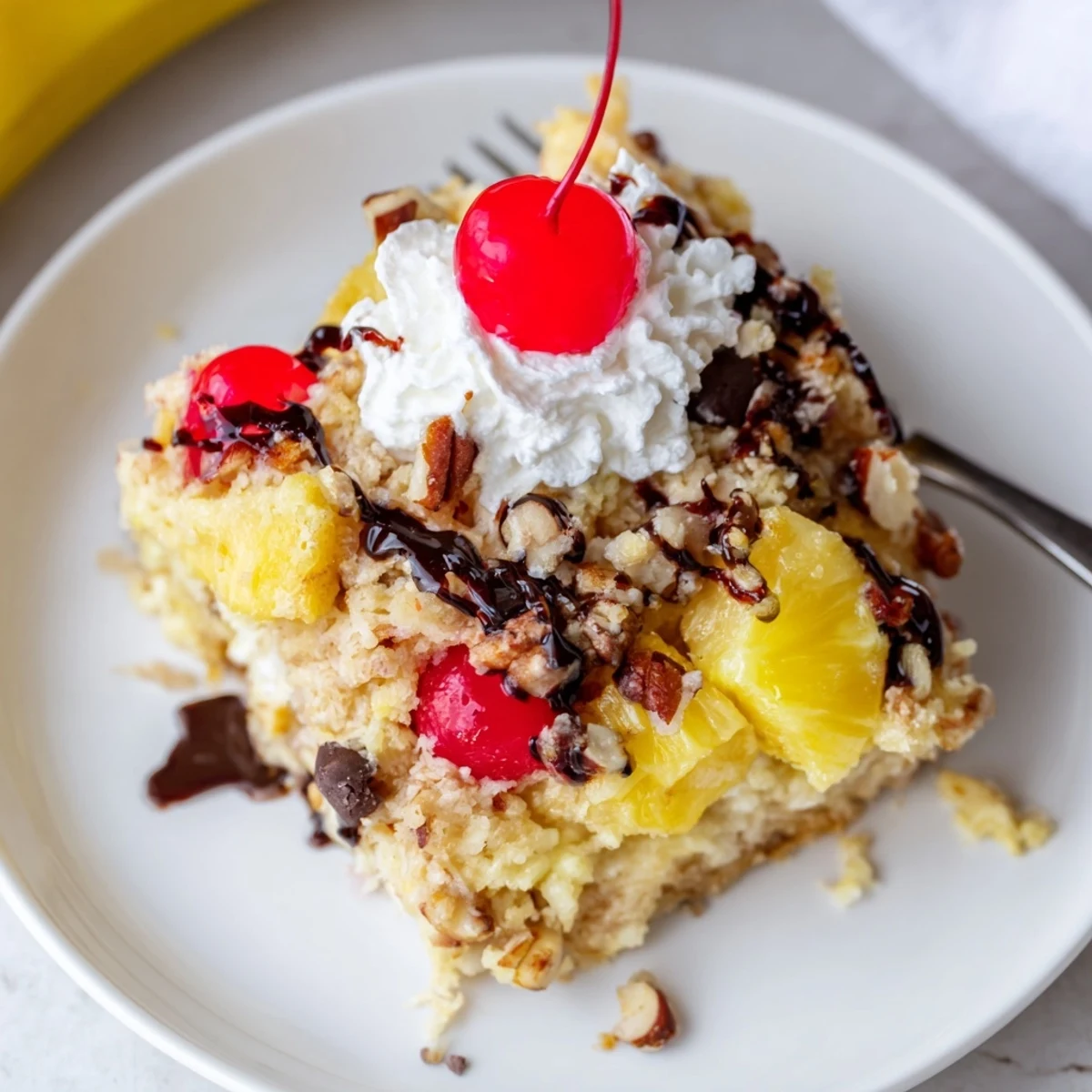 Spoon-ready Banana Split Dump Cake layered with bananas, pineapple, nuts, and ice cream