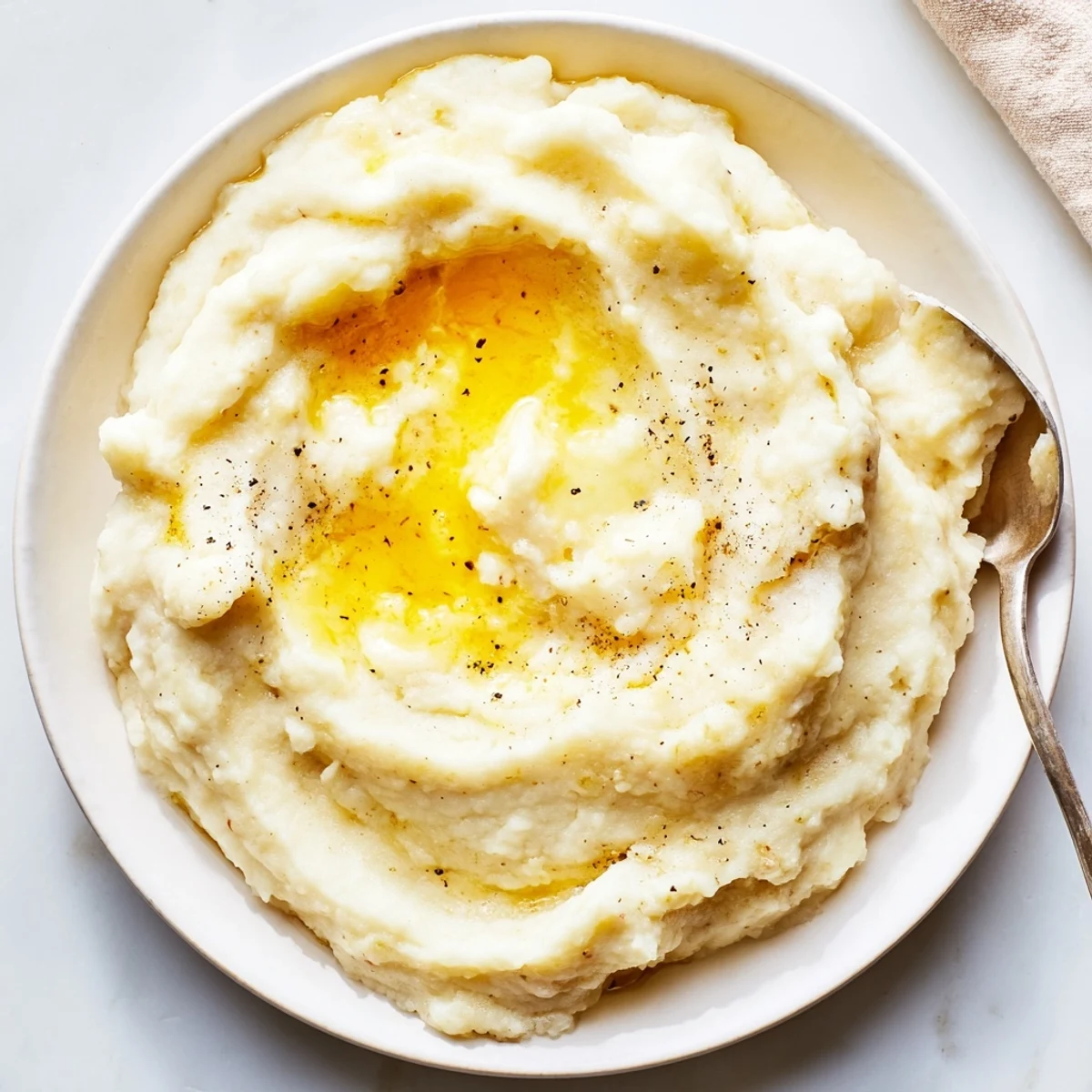 Creamy mashed potatoes topped with melting butter on a white serving plate