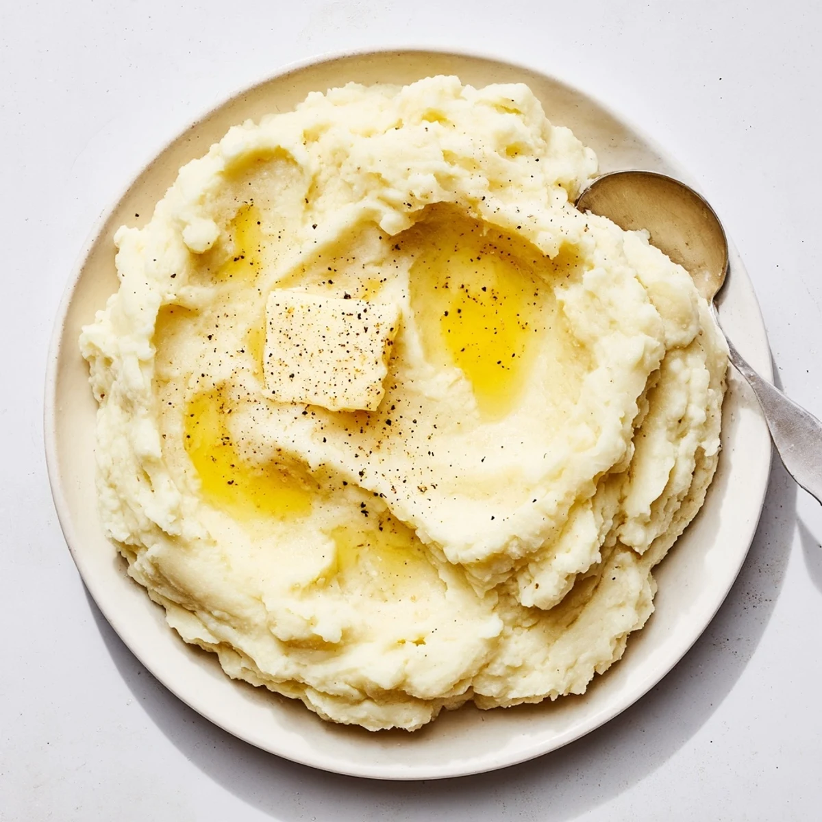 Smooth golden mashed potatoes served alongside roasted meat and fresh green herbs