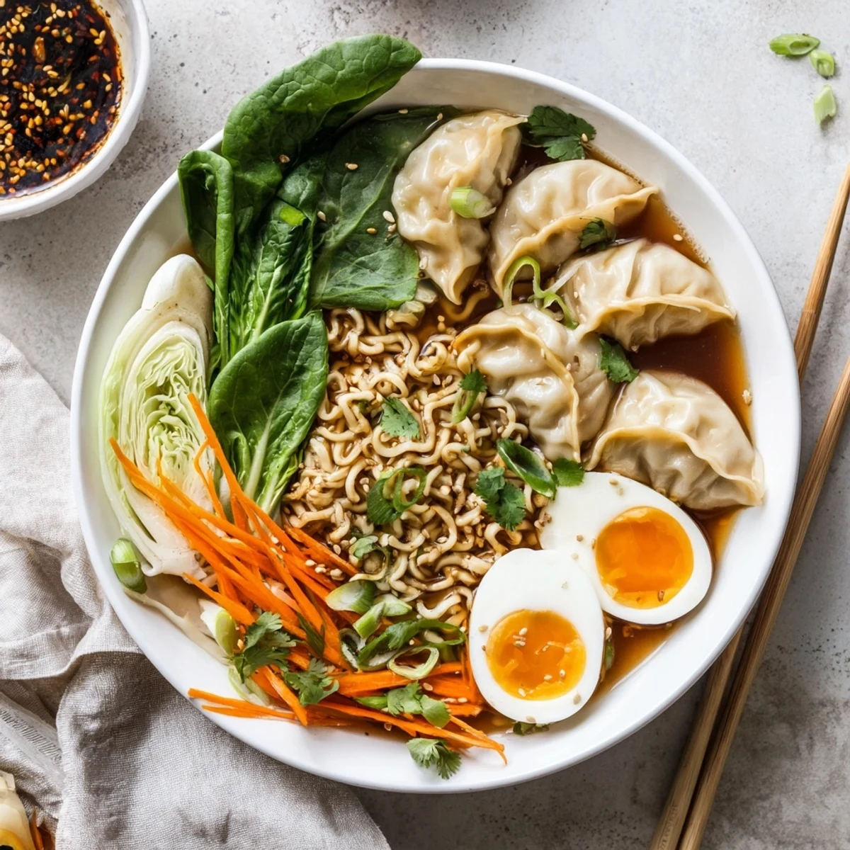 Asian fusion dumpling ramen noodles with fluffy egg halves, cilantro, and toasted sesame seeds