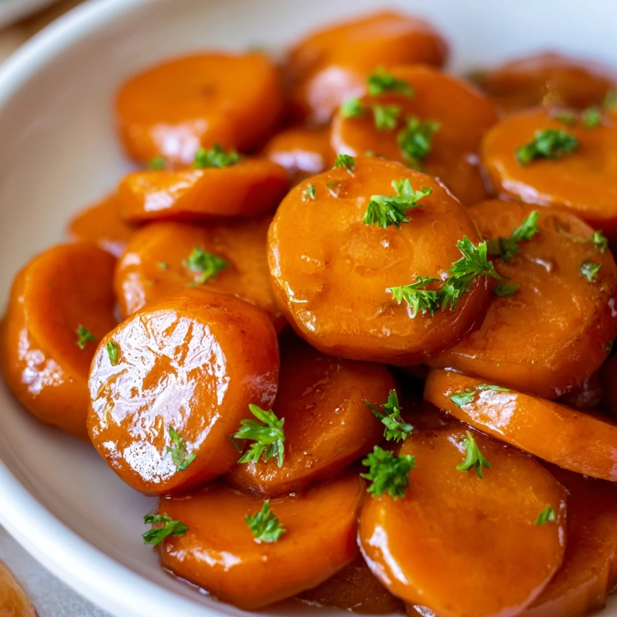 Golden glazed carrots glistening with buttery brown sugar coating on a white serving plate