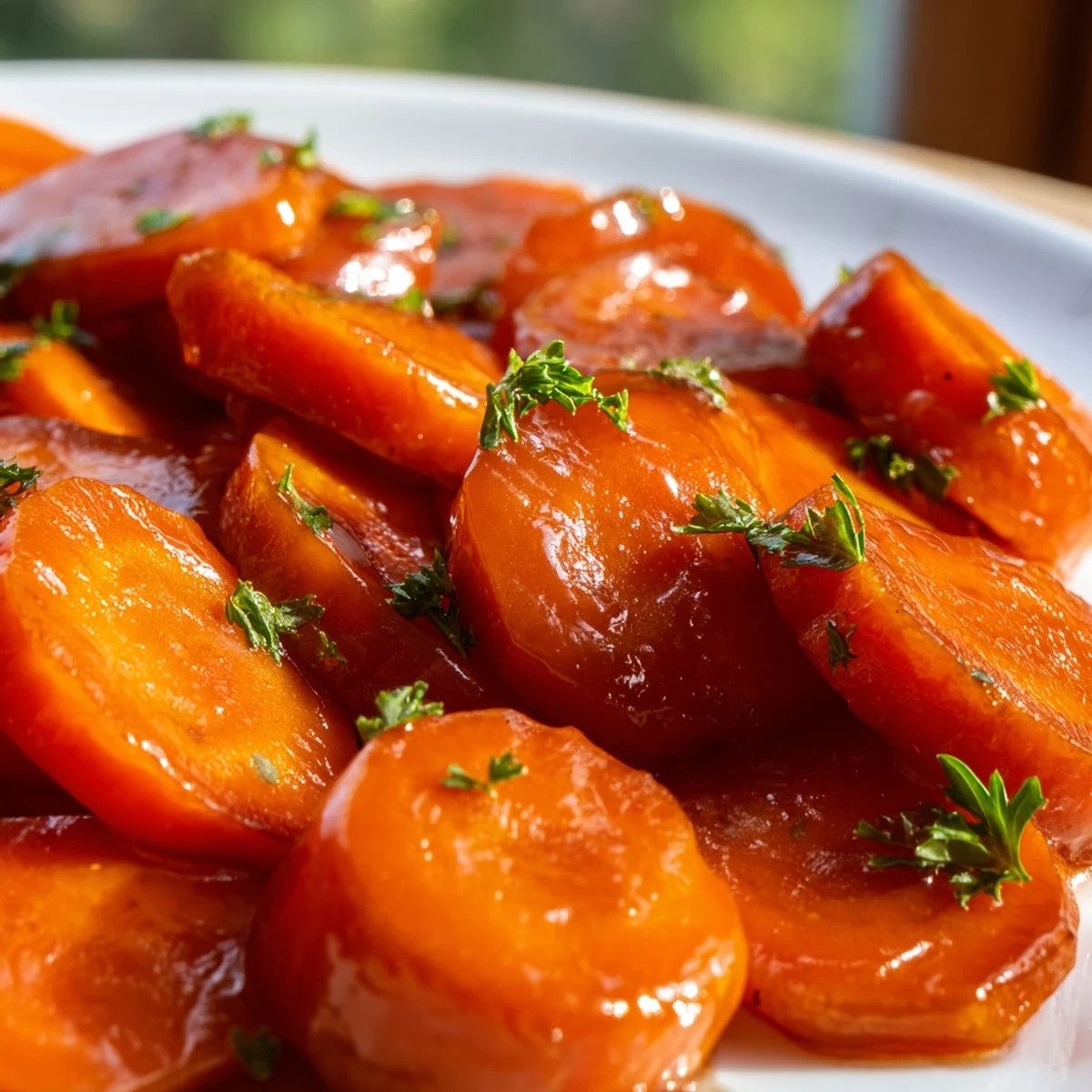Tender carrot slices coated in sweet honey butter glaze garnished with fresh green parsley