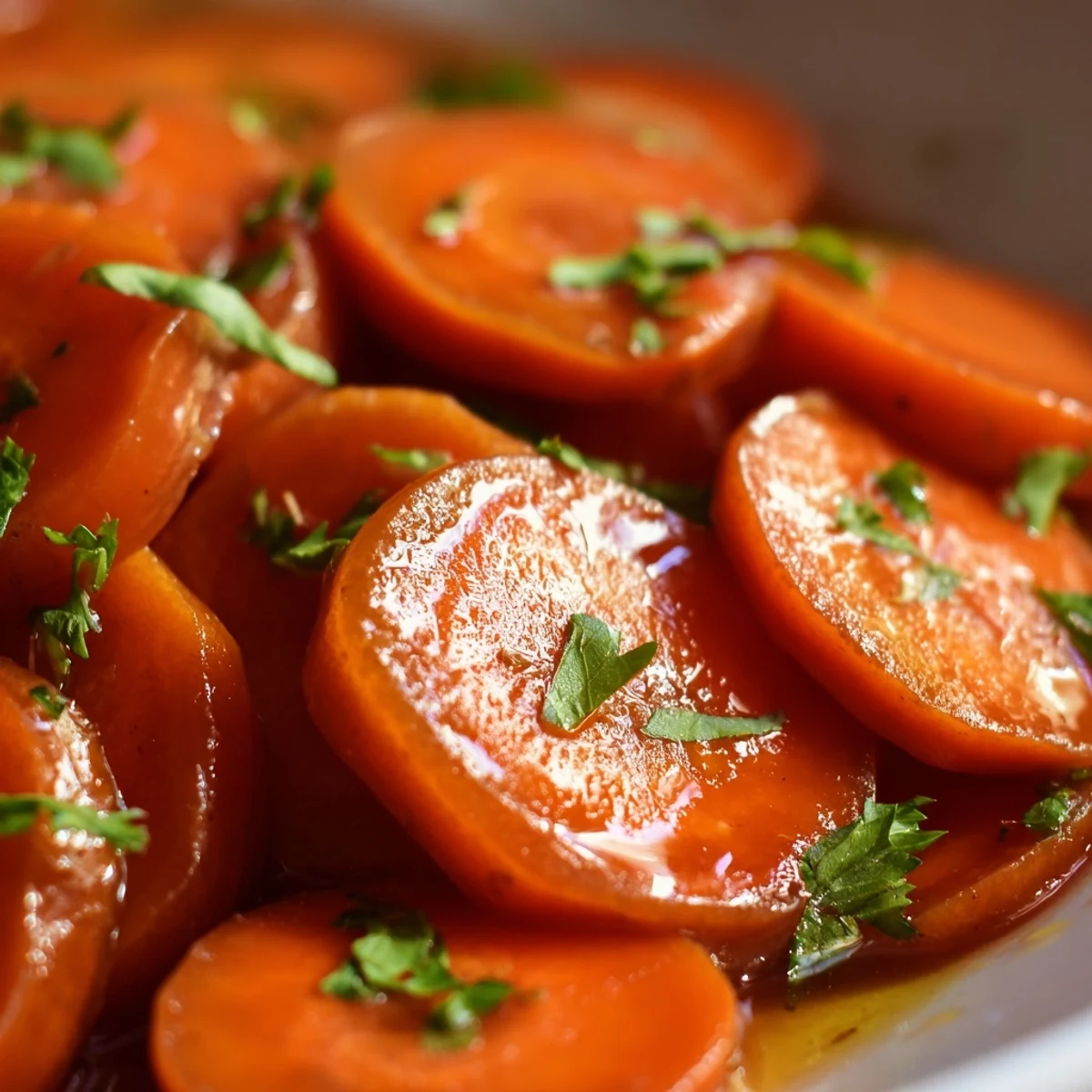 Easy glazed carrots simmering in skillet until glossy and tender for holiday dinner table