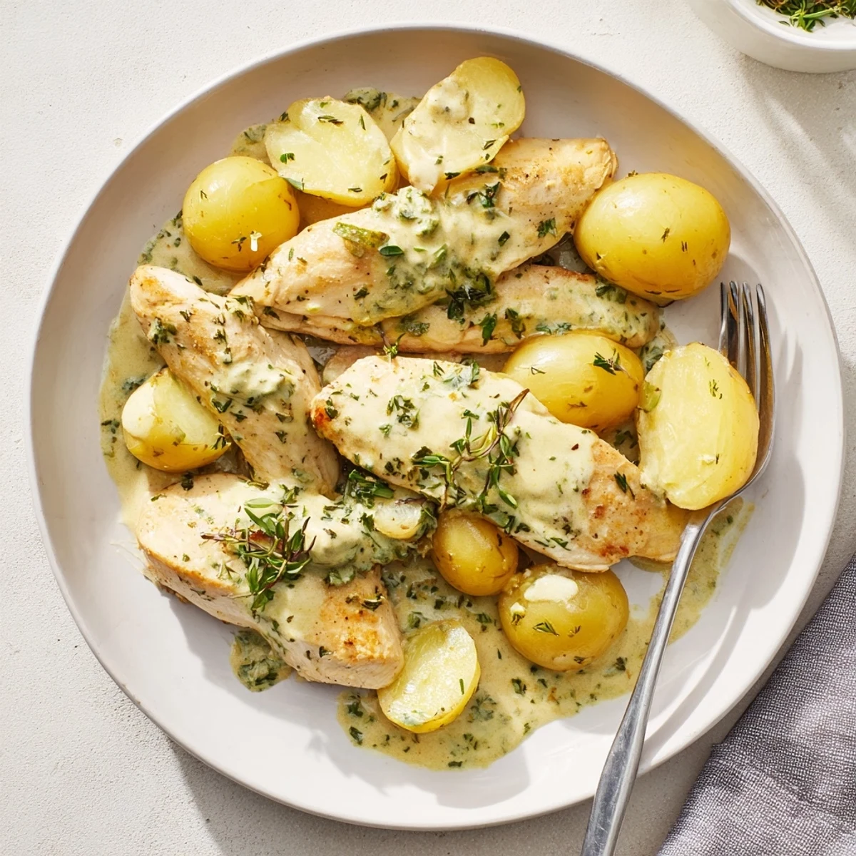 Golden seared chicken breasts nestled in creamy herb sauce with tender baby potatoes