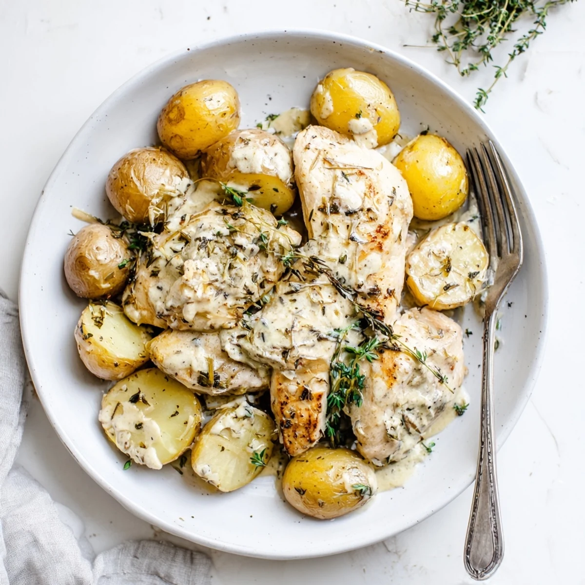 Rich and creamy herb chicken potatoes bubbling in a skillet with fresh parsley garnish