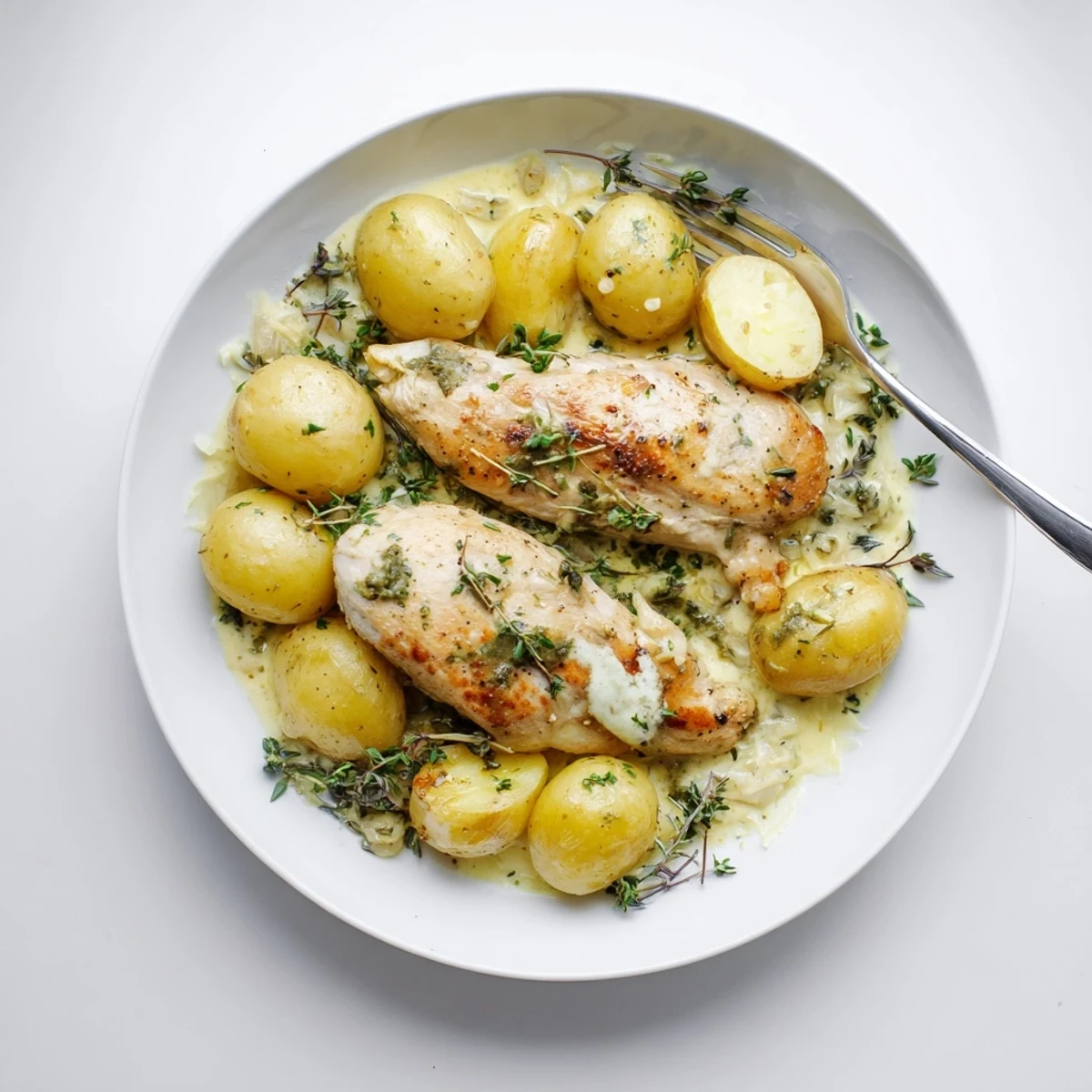Comforting one-pan creamy herb chicken with potatoes swimming in luscious garlic Parmesan sauce