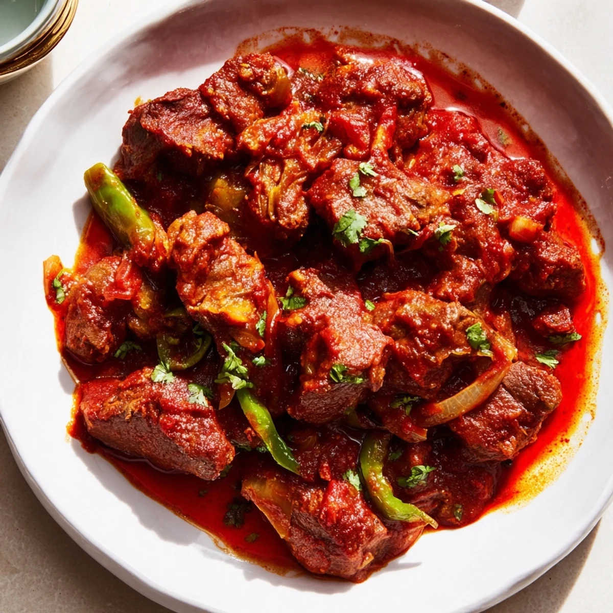 Glossy Kenyan goat wet fry served with fresh coriander and golden caramelized onions