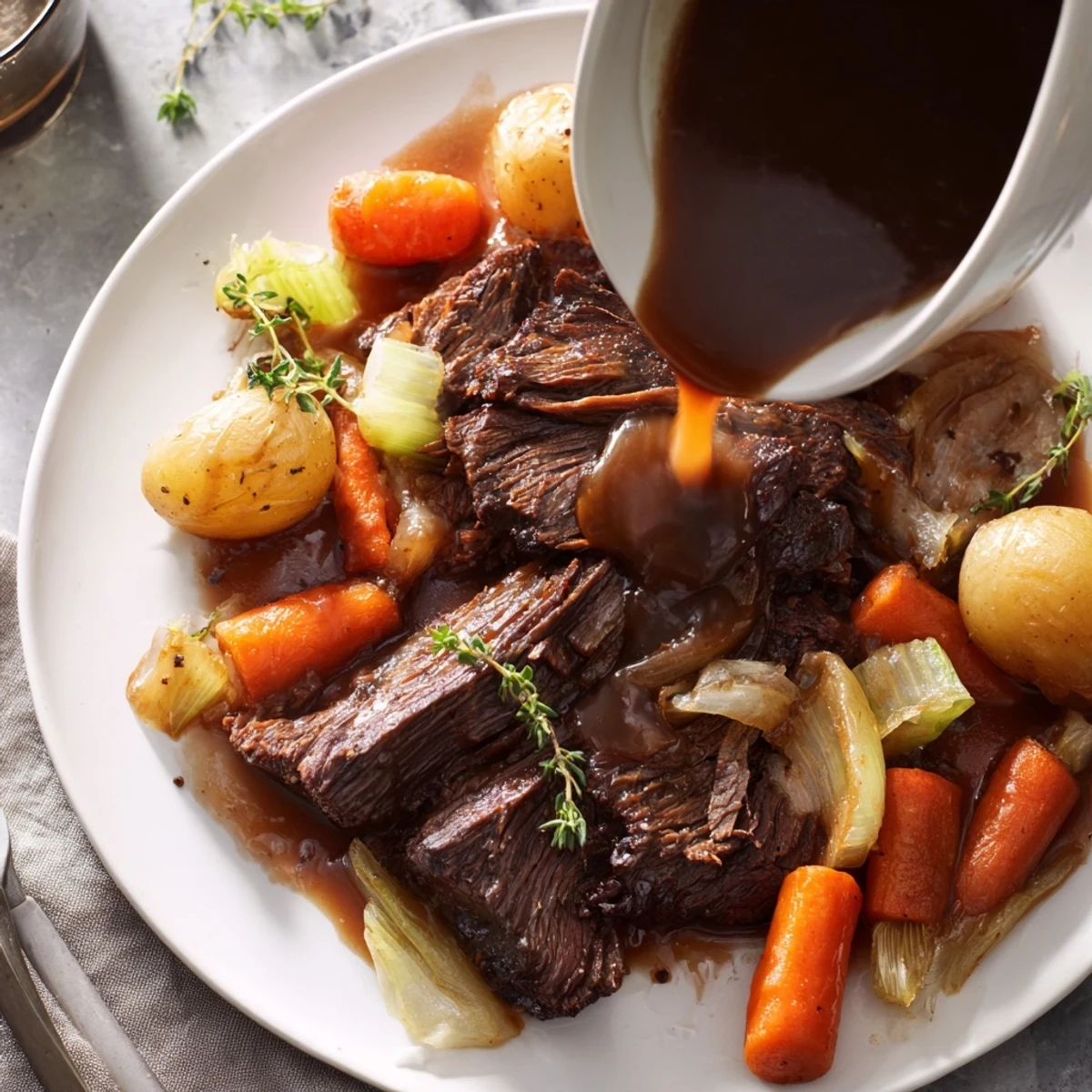 Golden seared beef chuck roast slowly braised with aromatic vegetables and thyme in dutch oven