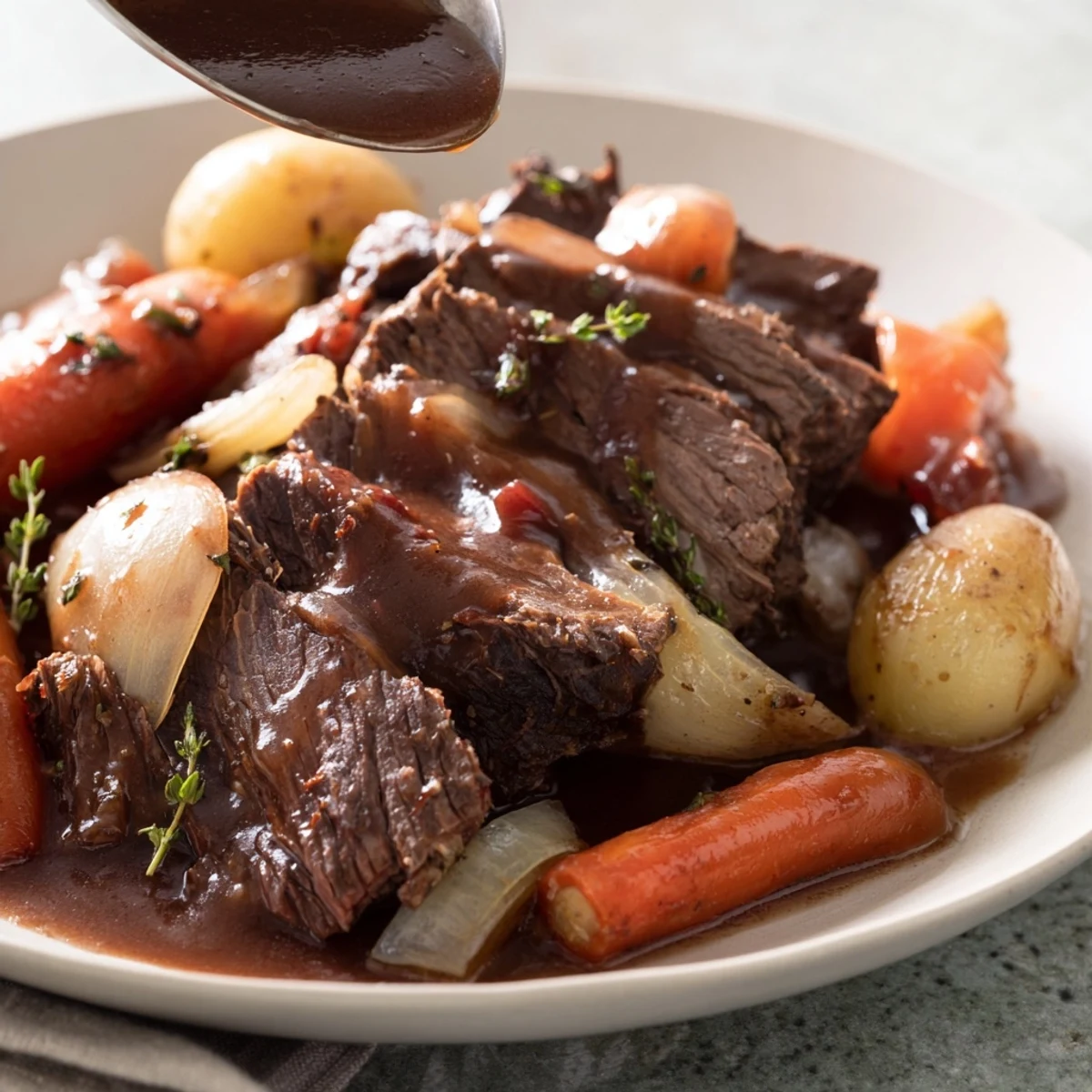 Tender herb braised beef chuck roast with carrots, celery, and onions in rich red wine sauce