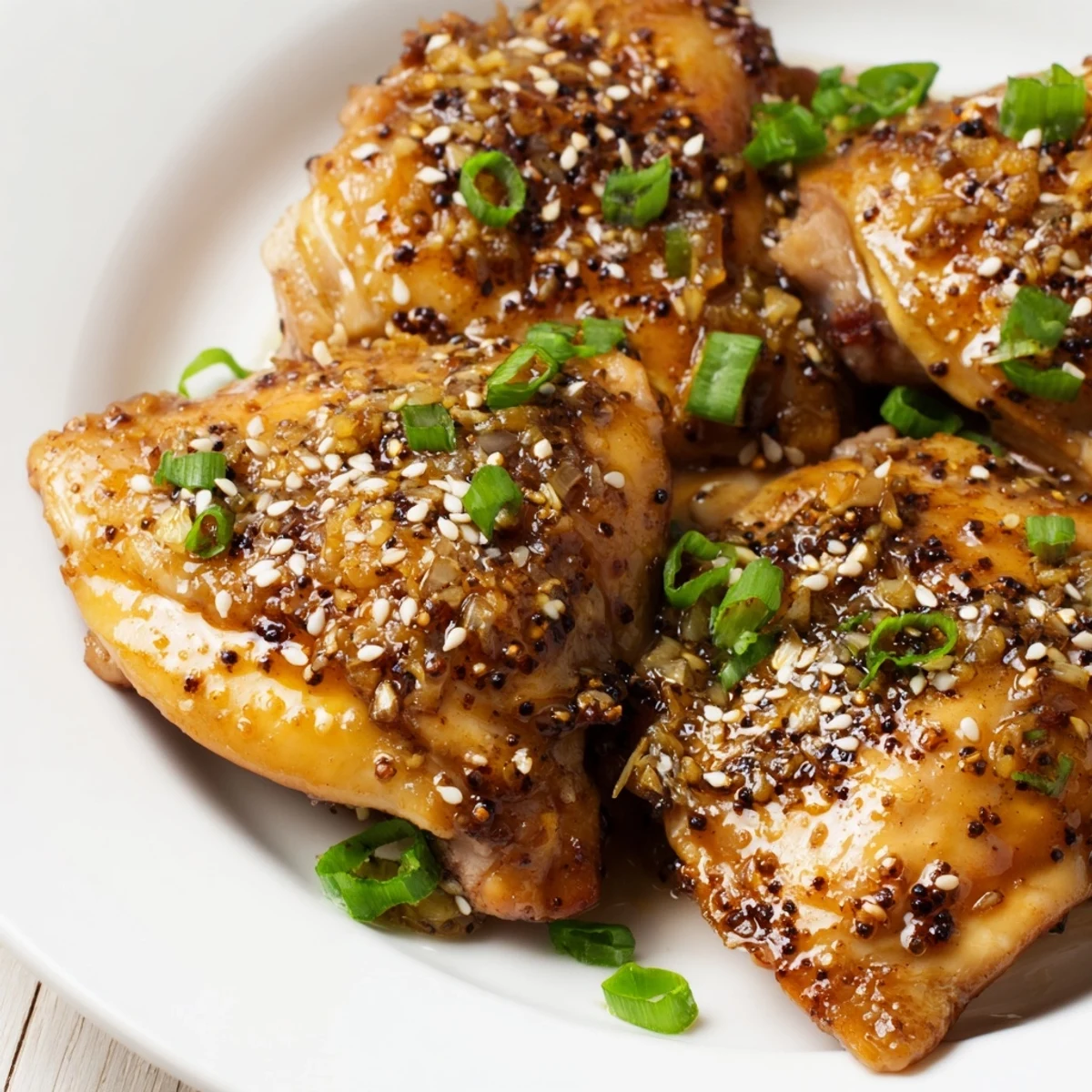 Golden garlic black pepper chicken with juicy meat and speckled black pepper crust, garnished with fresh green onions.