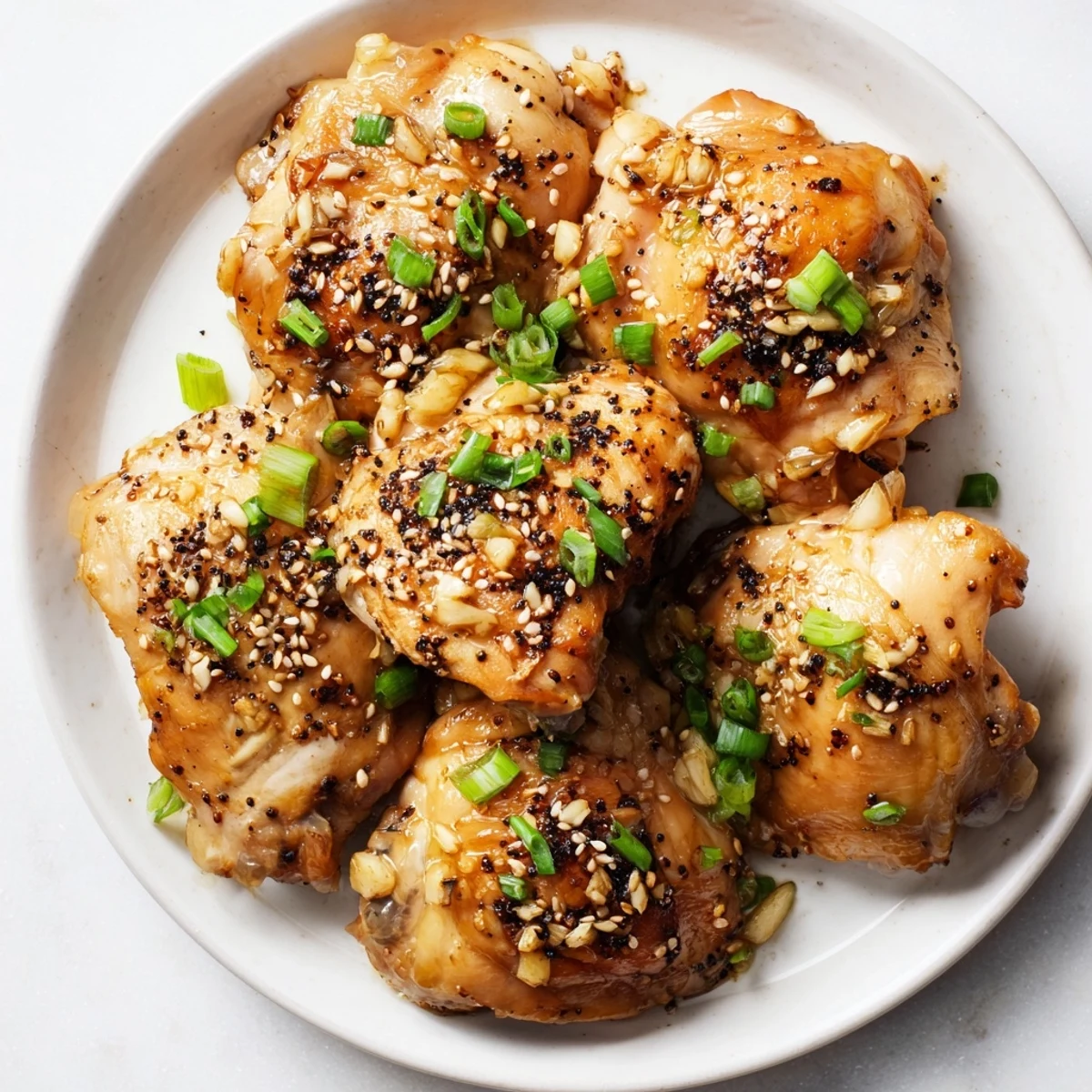 Savory garlic black pepper chicken recipe plated on white dish with sesame seed topping and chopped scallions.