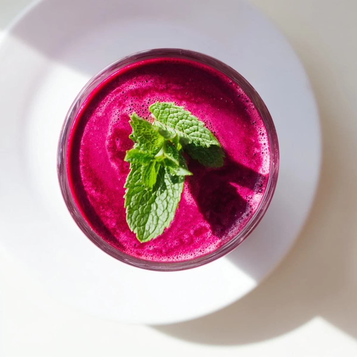 Glossy glass of vibrant pink beet smoothie topped with fresh mint leaves on white background