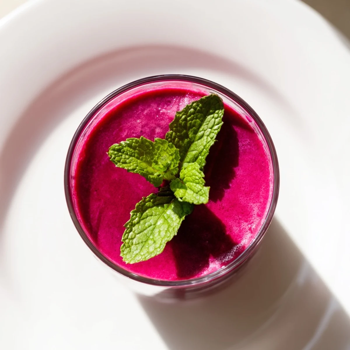 Creamy beet smoothie poured into a mason jar with strawberries and banana slices garnish