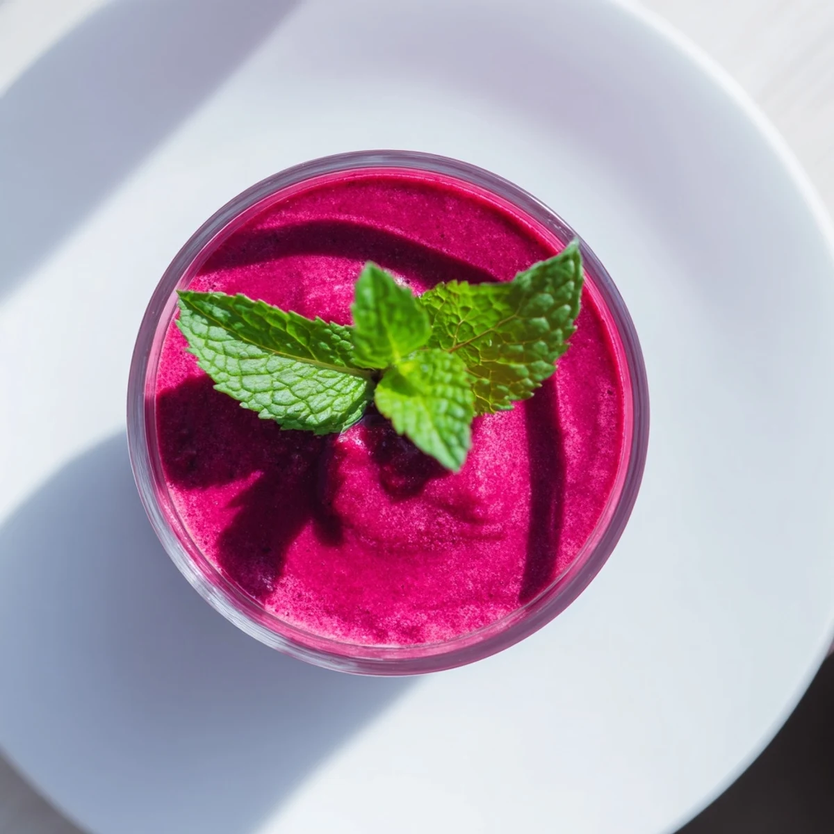 Thick magenta beet smoothie with chia seed topping displayed beside whole raw beetroot