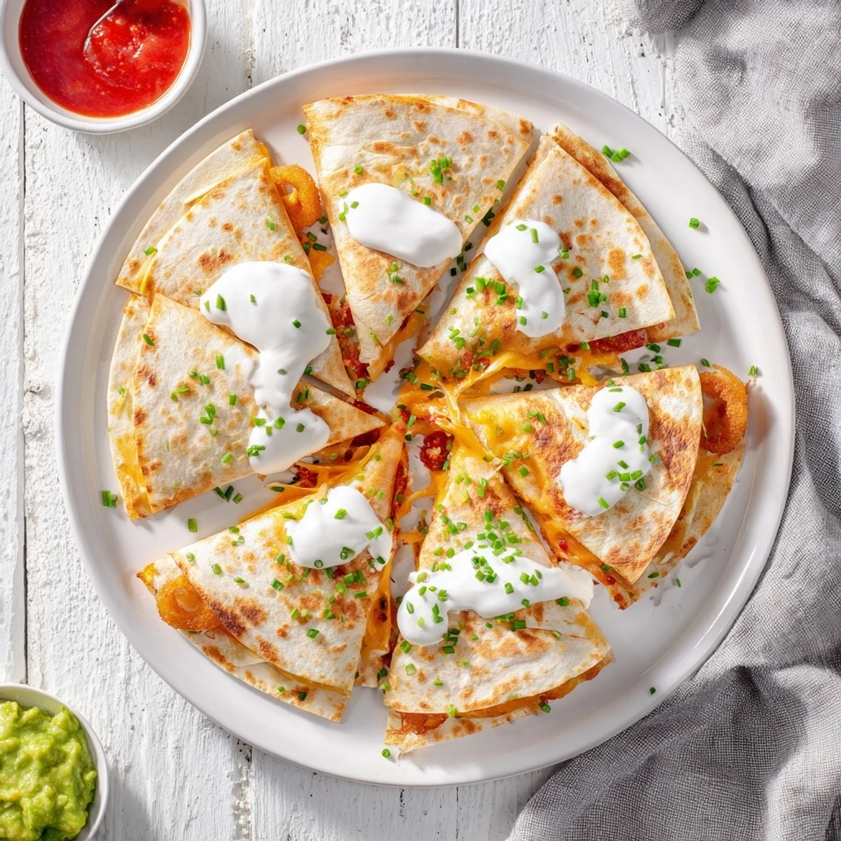 Golden brown quesadilla stuffed with crispy onion ring chips and melted cheddar and mozzarella cheese