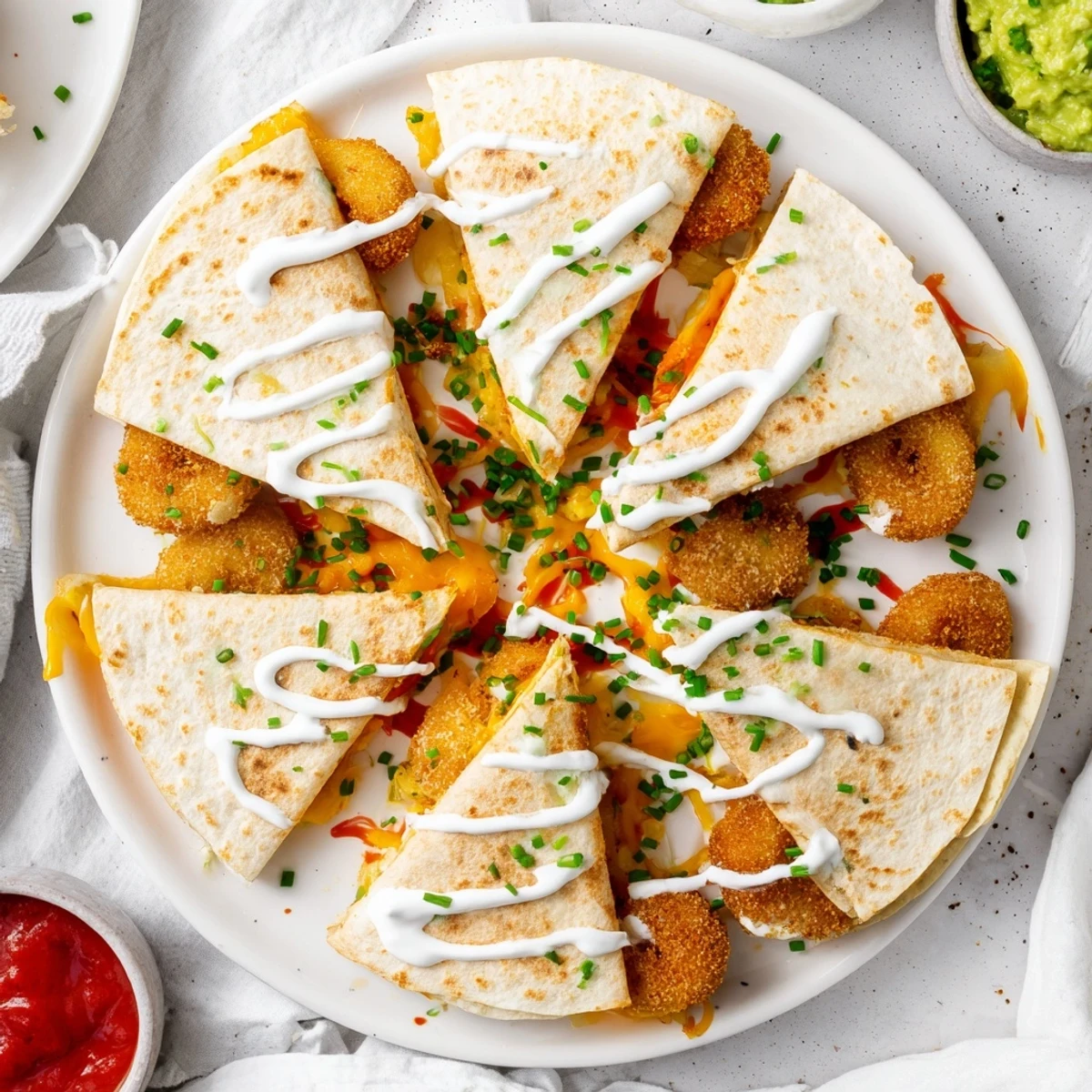 Flour tortilla folded around crunchy battered onion rings and bubbling shredded cheese served with salsa