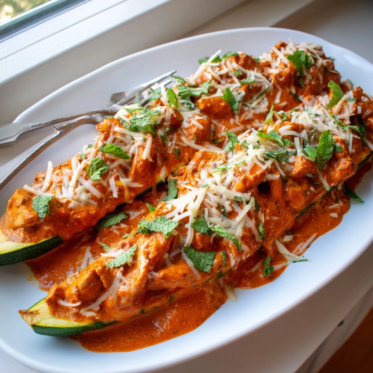 Golden zucchini boats overflowing with creamy spiced butter chicken and fresh green herbs