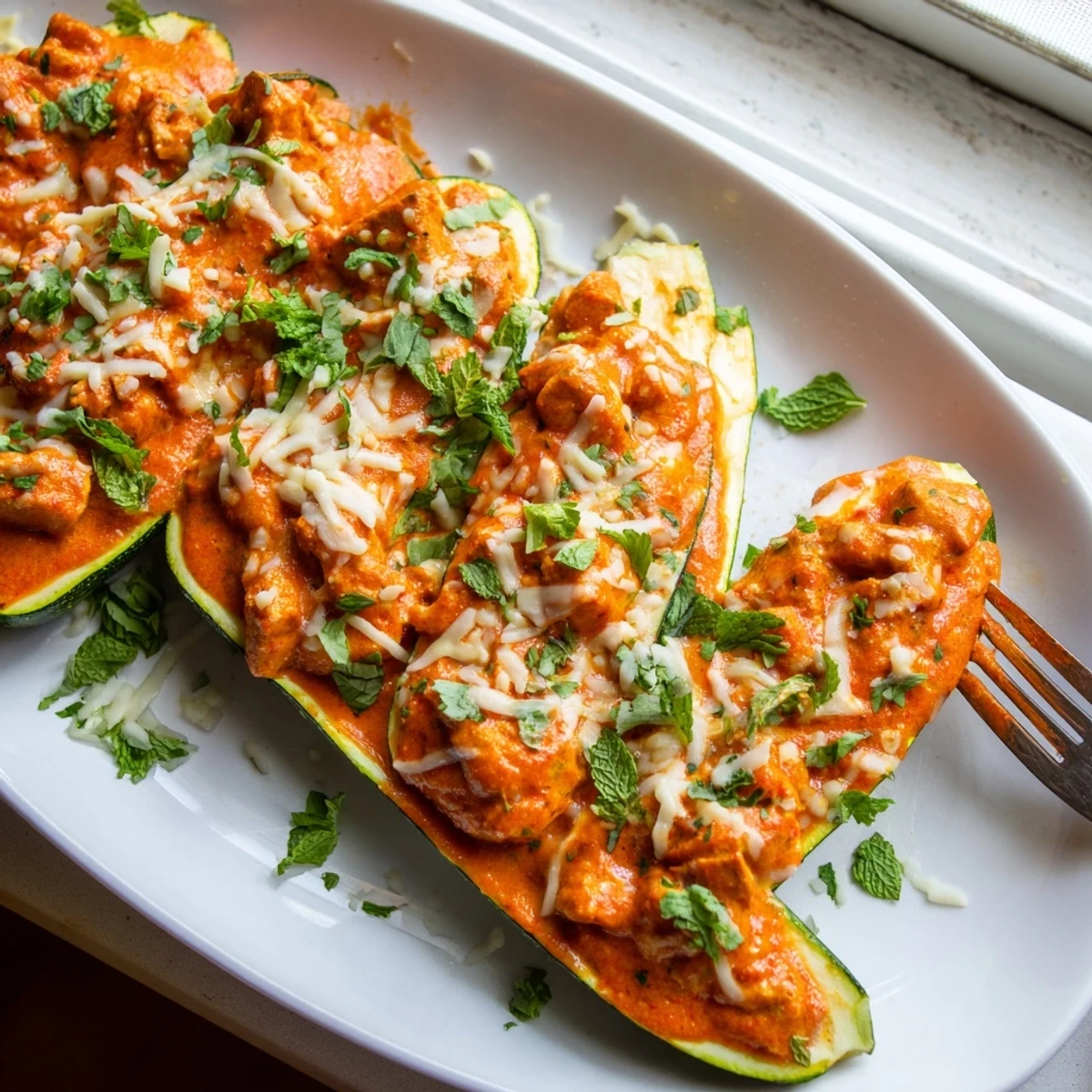 Baked zucchini halves filled with tender butter chicken in rich tomato cream sauce