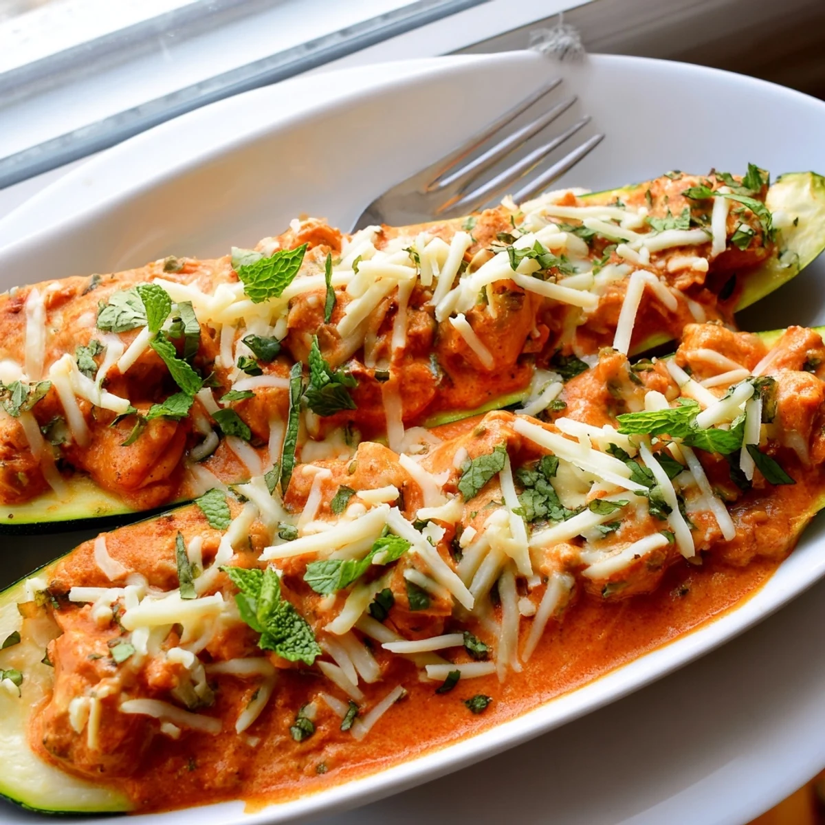 Indian fusion dish featuring hollowed zucchini stuffed with aromatic butter chicken and cilantro garnish
