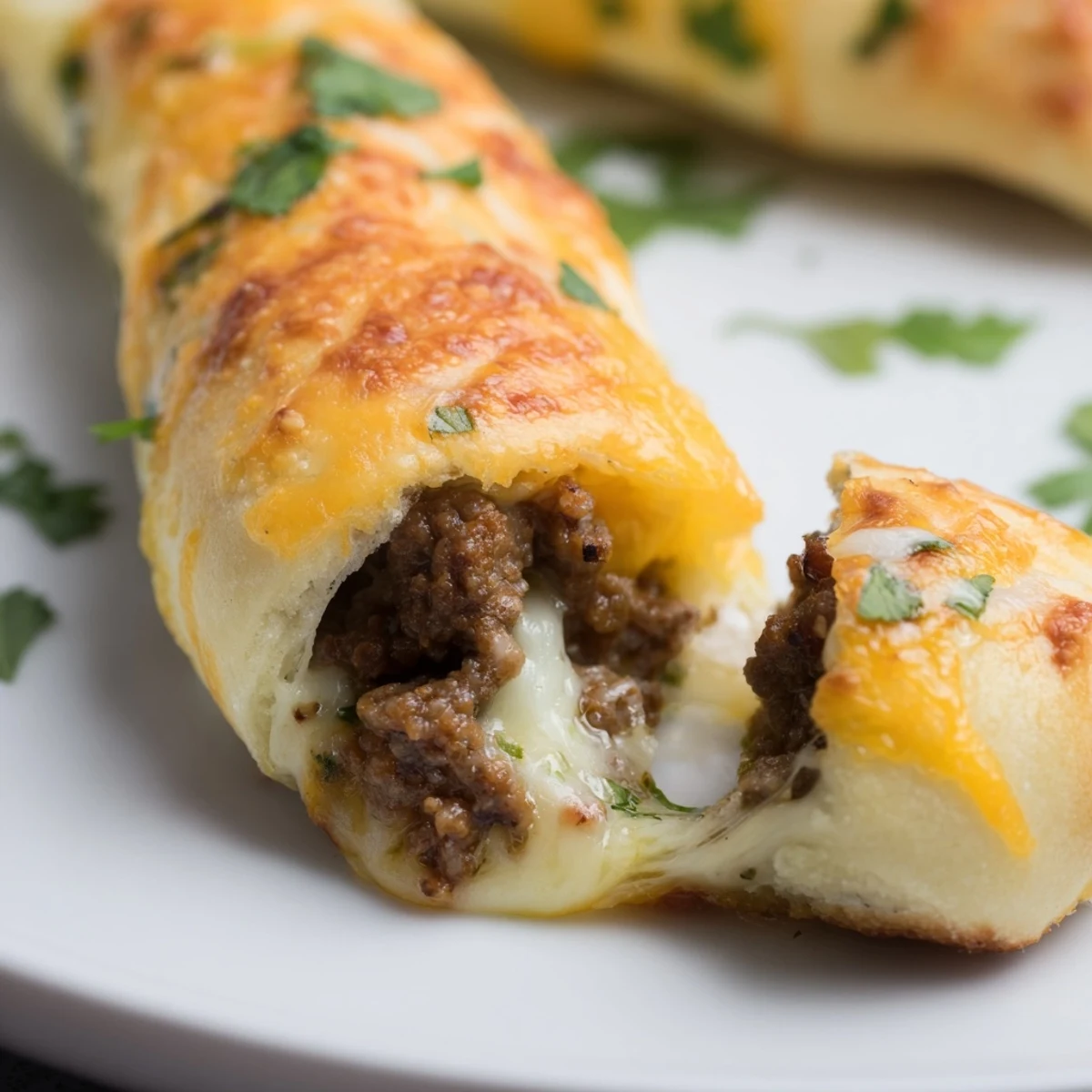 Golden cheesy taco sticks recipe featuring seasoned beef and melted cheese inside soft baked dough