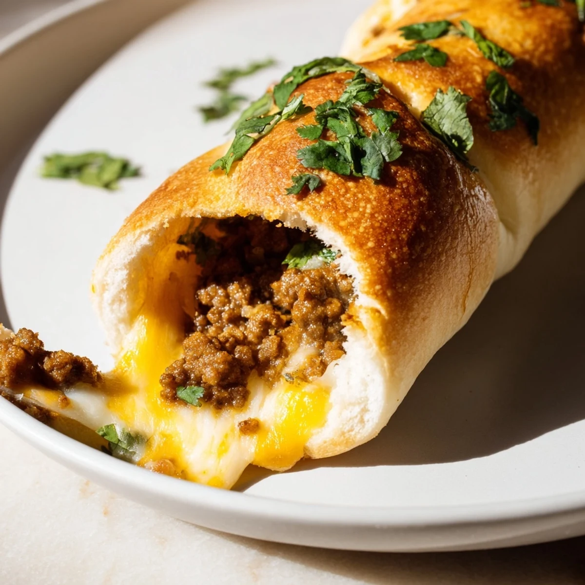 Warm cheesy taco sticks recipe arranged on serving board garnished with fresh cilantro leaves