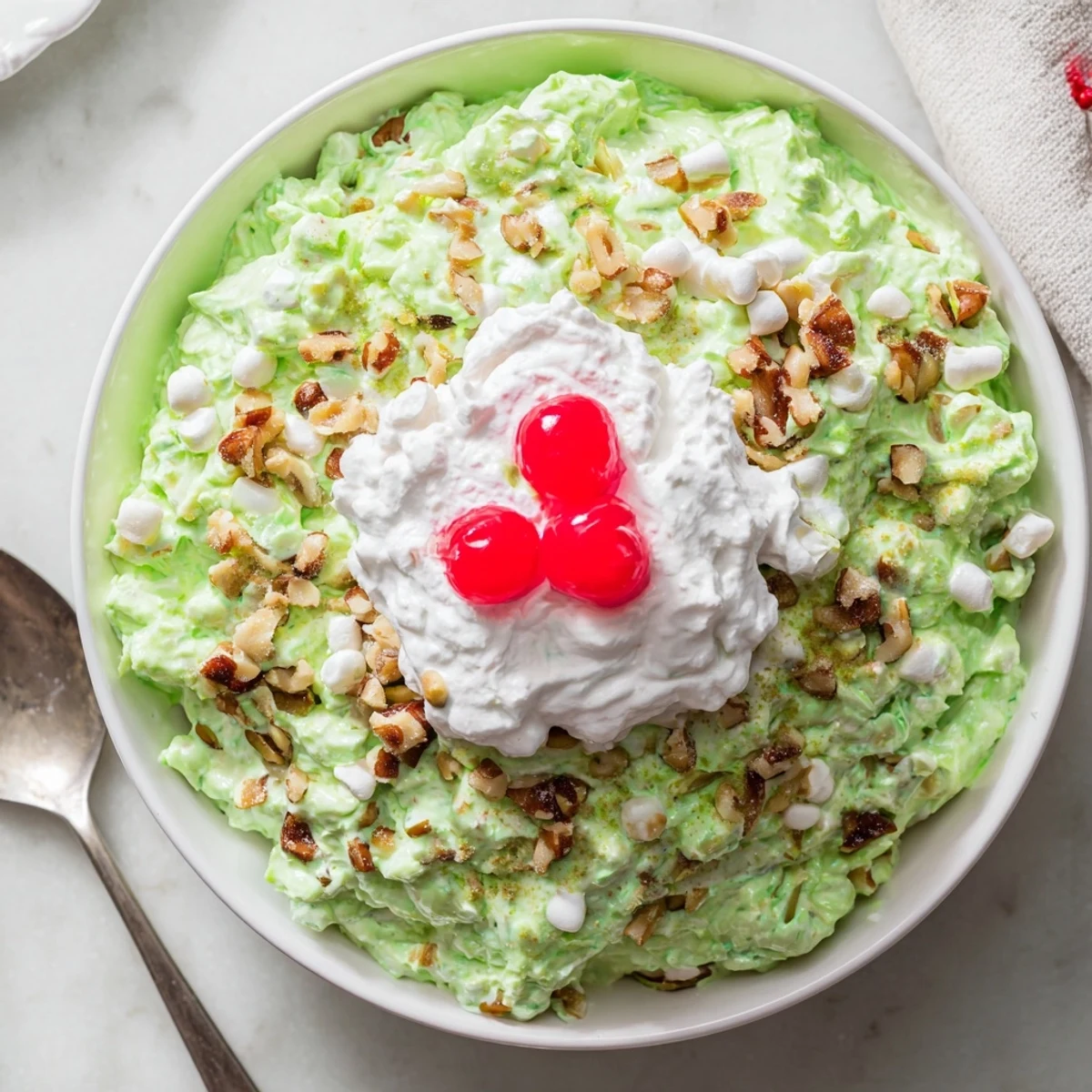 Retro pistachio Watergate Salad showing white mini marshmallows and crushed pineapple folded into vibrant green pudding mixture