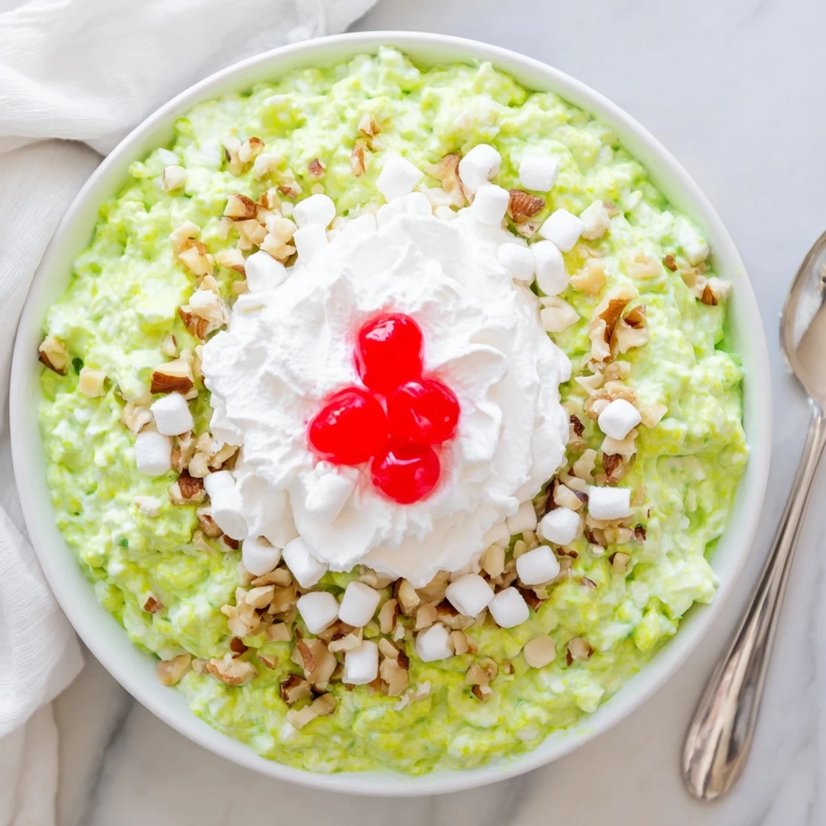 Creamy green Watergate Salad topped with fluffy whipped cream and bright red maraschino cherries in a glass serving bowl
