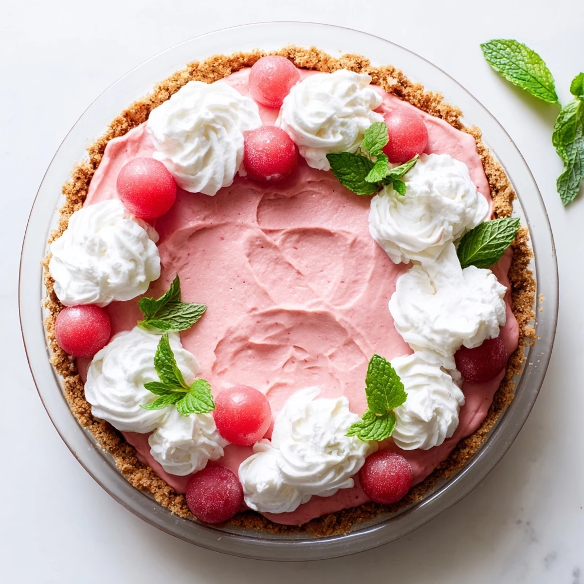 Refreshing watermelon pie with graham cracker crust topped with whipped cream and fresh mint