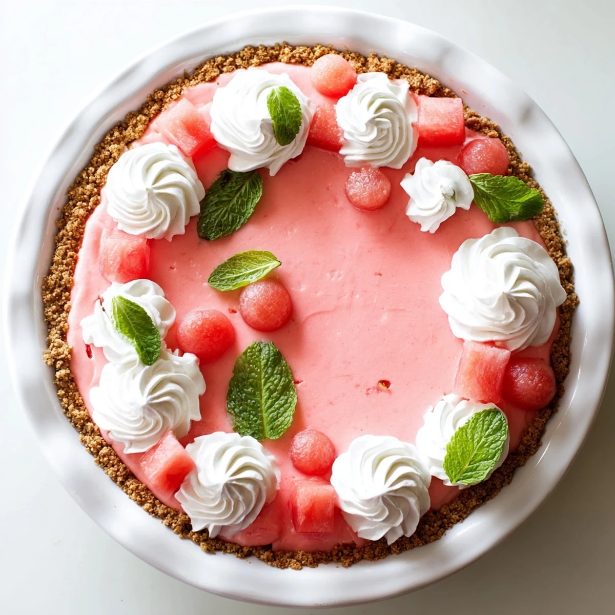 Chilled watermelon pie slice showcasing pink creamy filling and garnished with watermelon balls on white plate