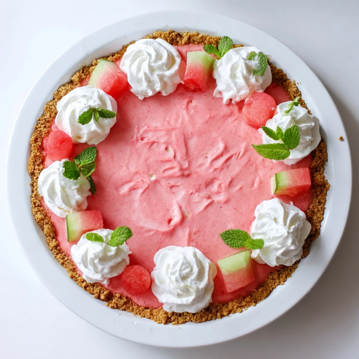 Summer watermelon pie dessert with smooth pink filling in graham crust and mint sprig decoration