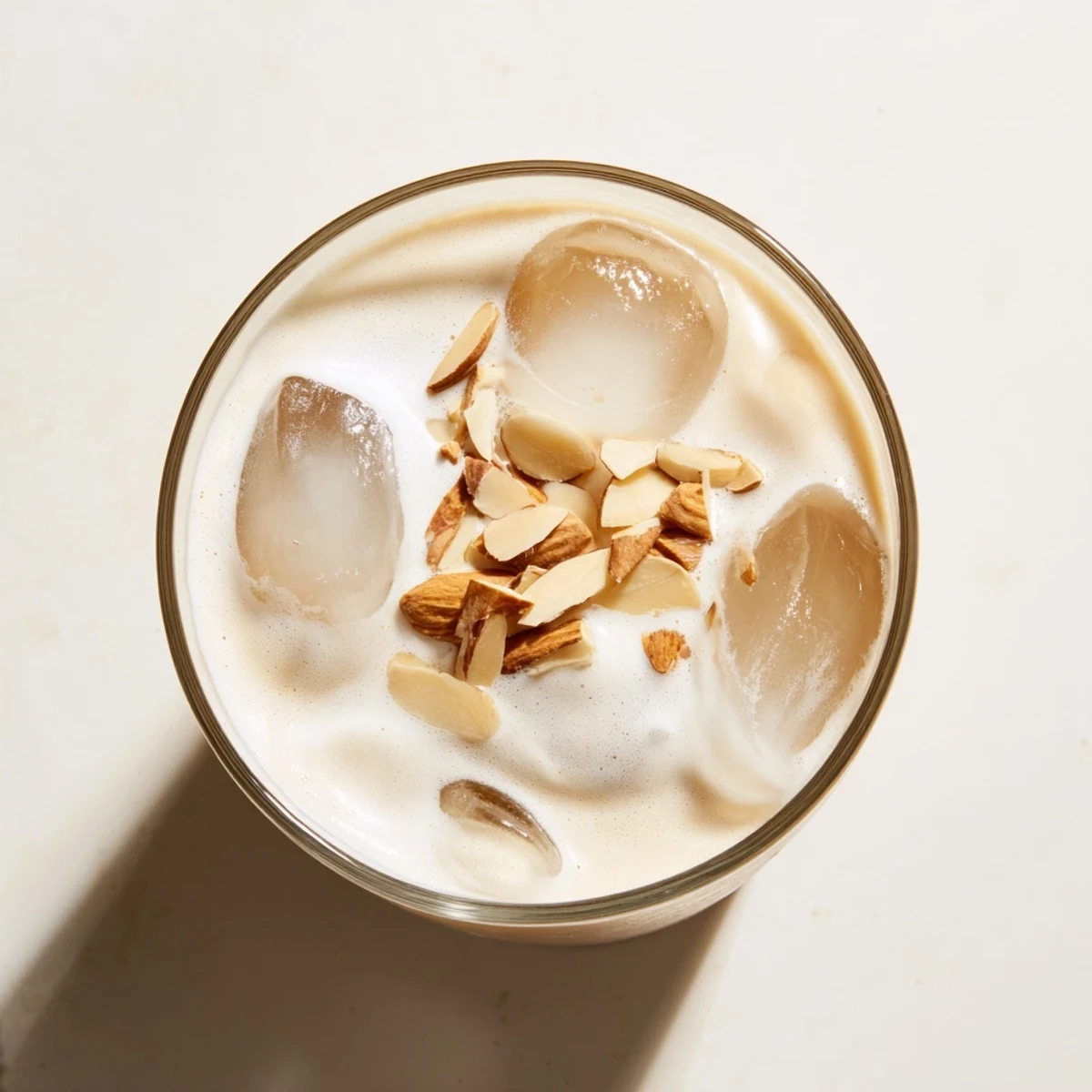 Chilled glass of refreshing summer roasted almond milk drink with cream served over ice