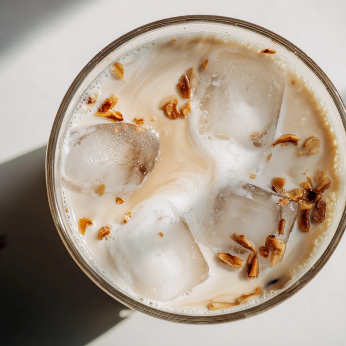 Golden roasted almond milk drink with cream swirling in a tall clear glass with ice cubes