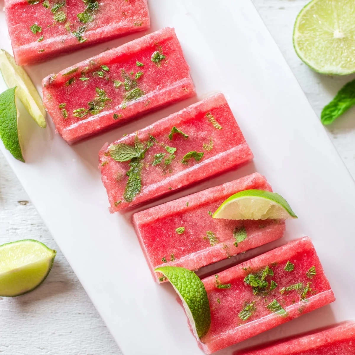 Frozen watermelon lime bars garnished with fresh mint and lime wedges on a white plate