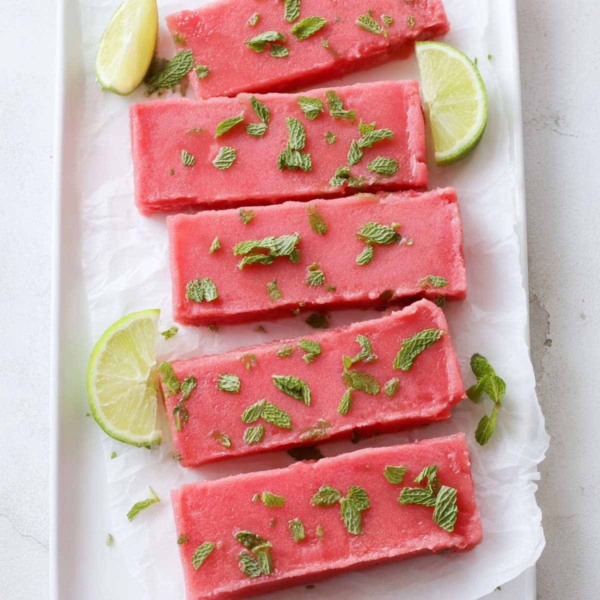 Vibrant pink watermelon lime bars sliced into squares topped with green mint leaves