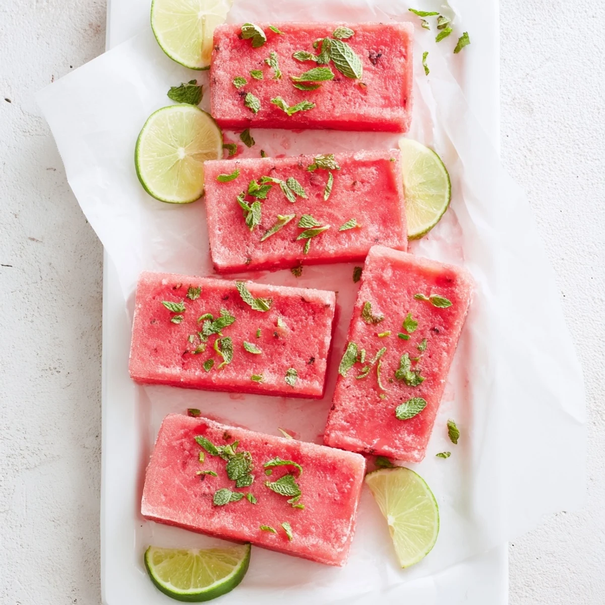 Refreshing frozen watermelon lime bars arranged on serving platter with zesty lime garnish