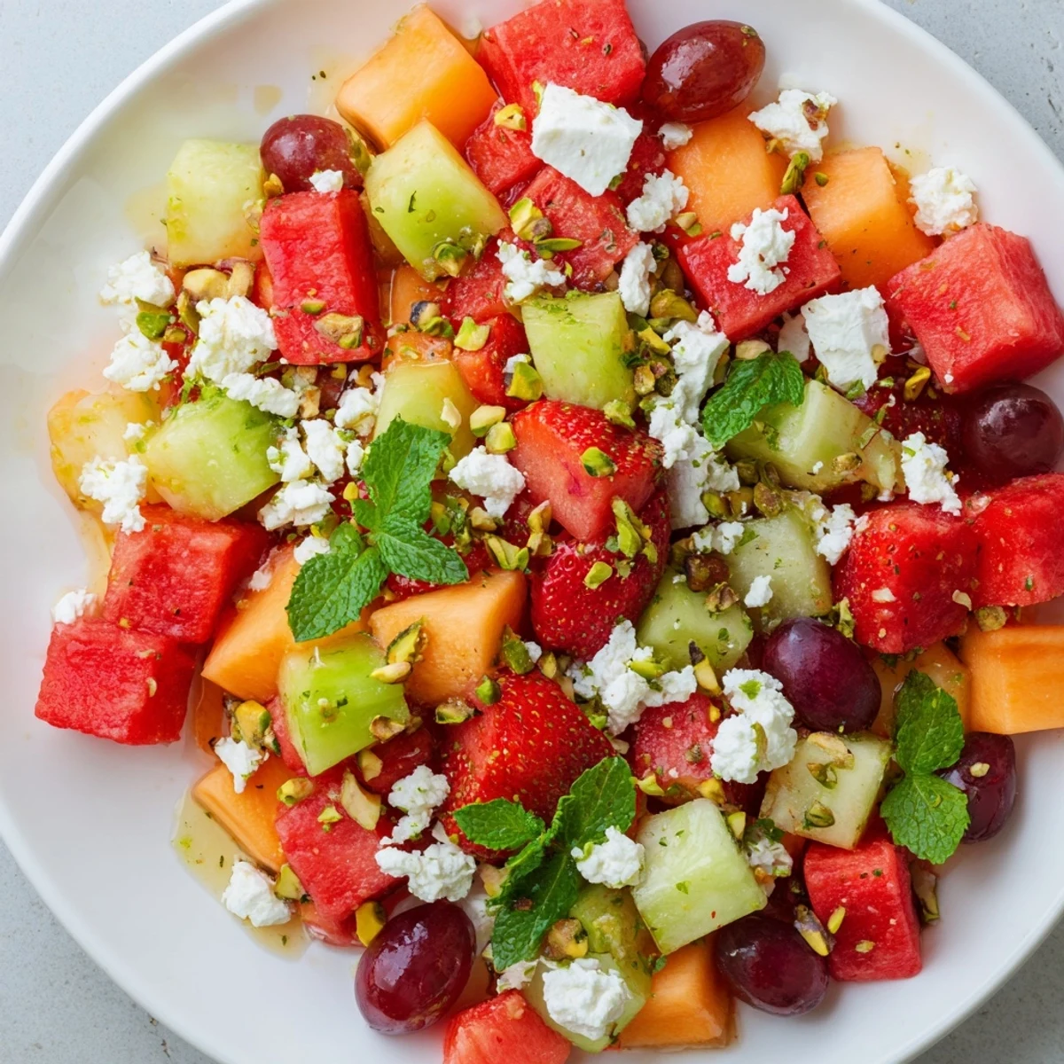 Colorful summer fruit salad with watermelon, strawberries, feta cheese, and fresh mint drizzled with lime honey dressing