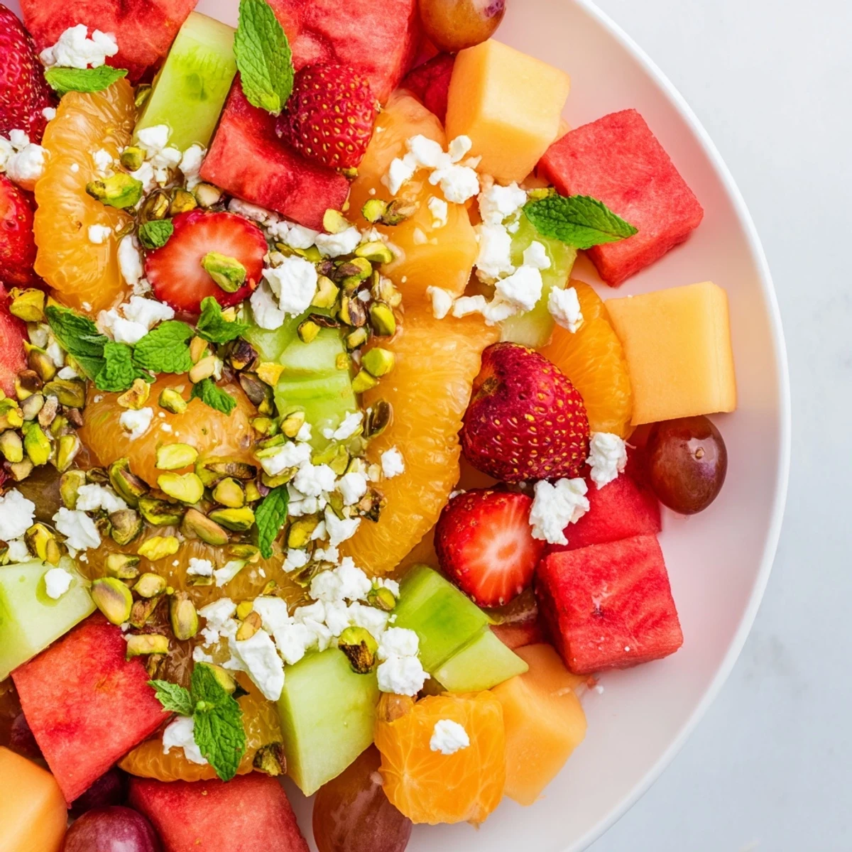Refreshing mixed melon salad bowl topped with crumbled feta, toasted pistachios, basil, and tangy lime vinaigrette