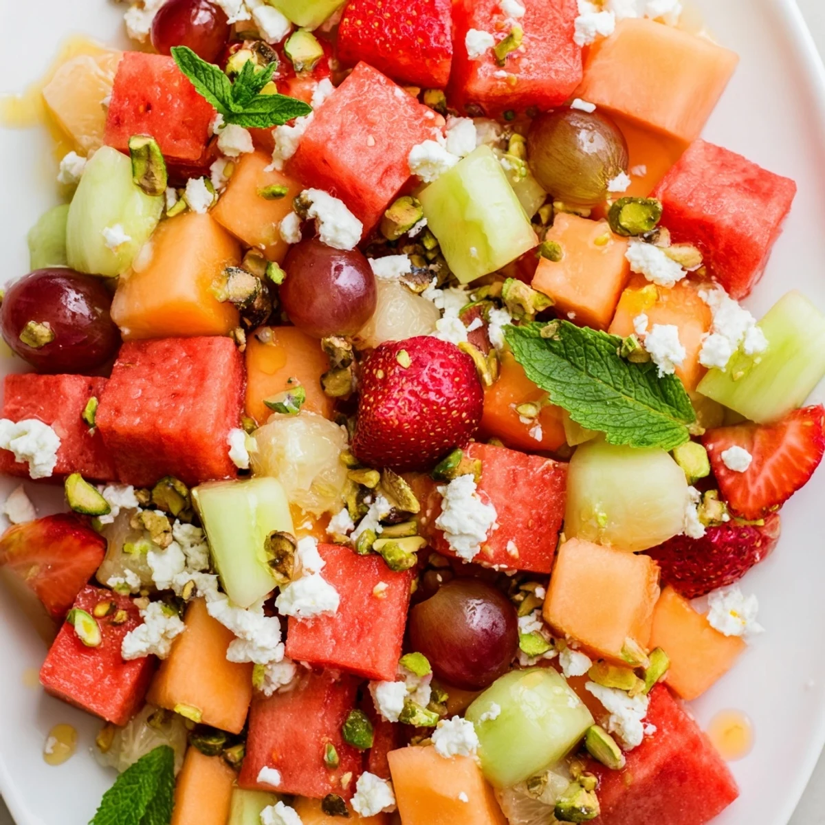 Vibrant summer bliss salad featuring cubed cantaloupe, honeydew, grapes, and creamy feta in a light citrus glaze