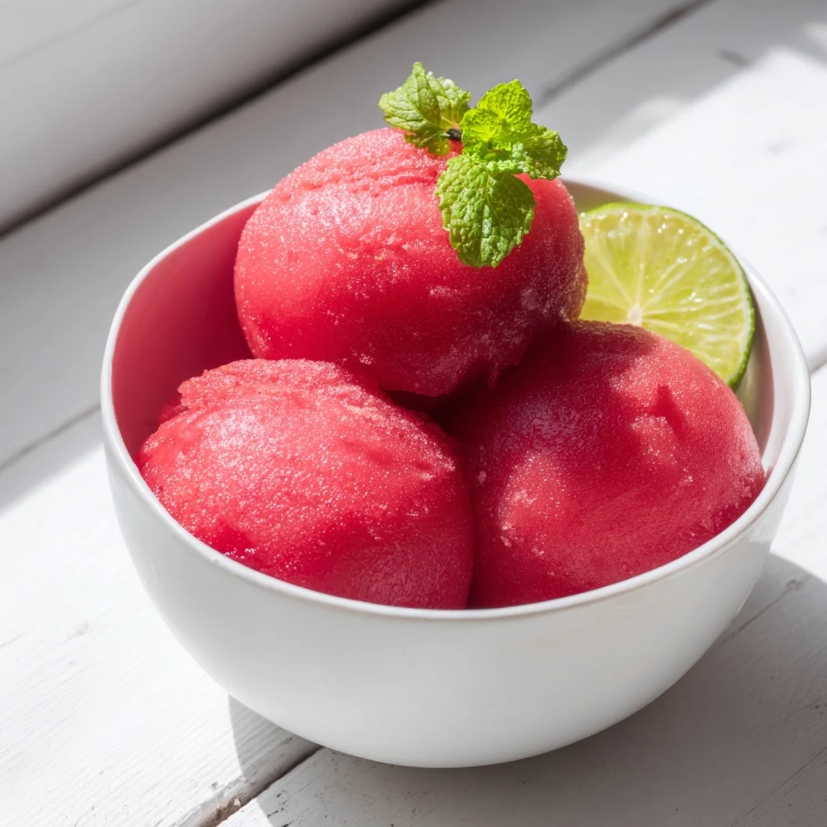 Vibrant pink watermelon sorbet scooped into a chilled bowl with fresh lime zest sprinkled on top