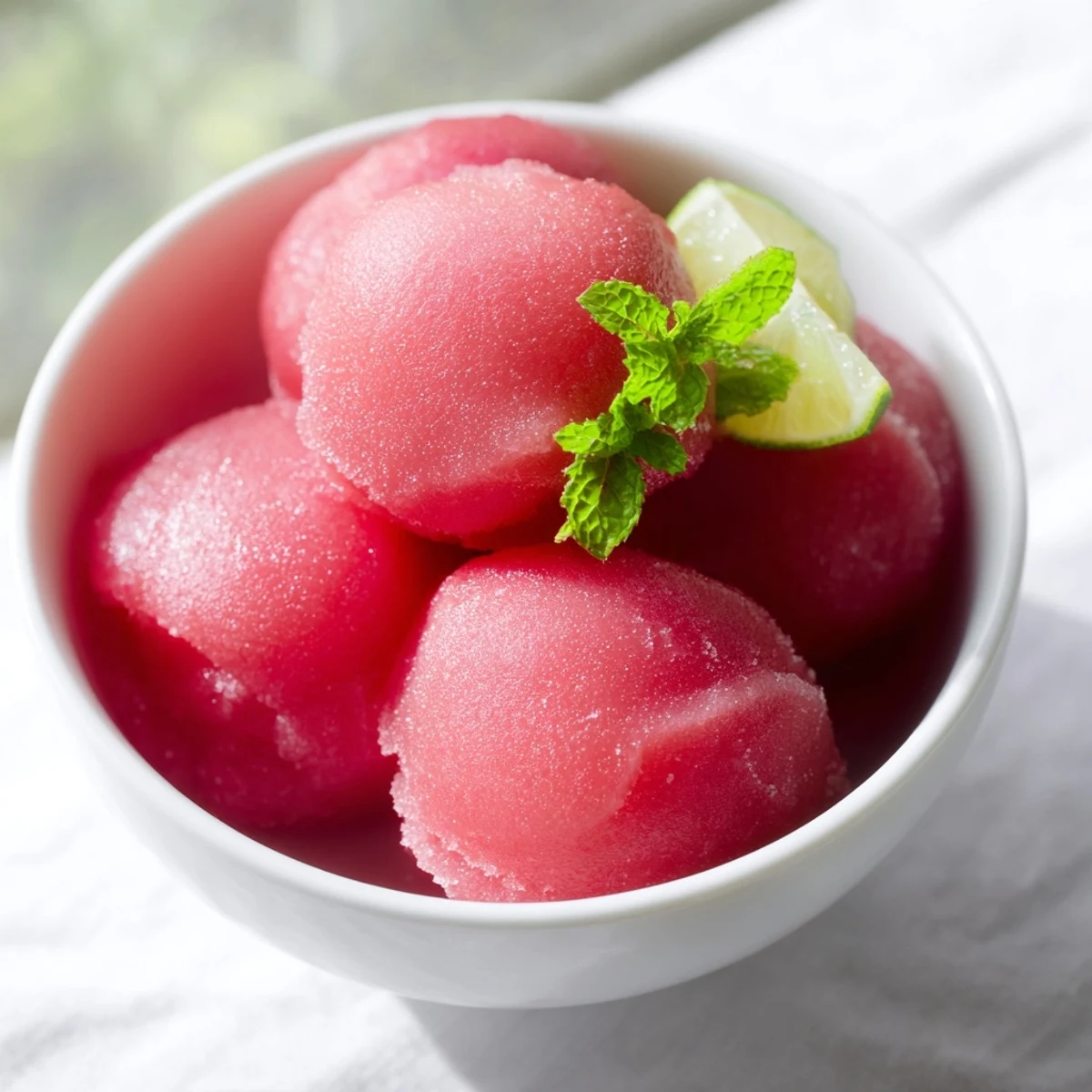 Creamy watermelon sorbet served in elegant dessert glasses garnished with a small mint sprig