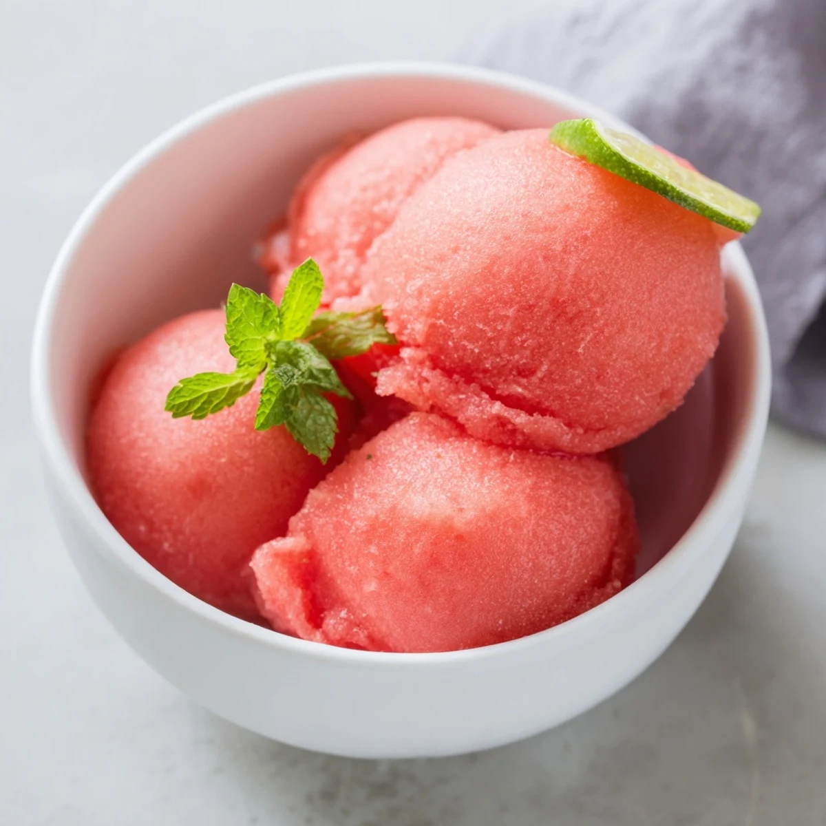Fluffy pink watermelon sorbet mounded in a white ceramic bowl with a lime wedge on the side