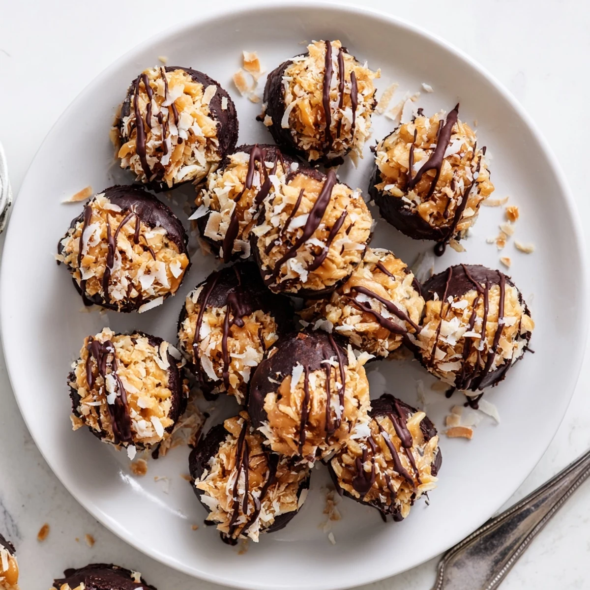 Hand holding a no bake Samoa bite revealing the caramel coconut topping and melted chocolate bottom